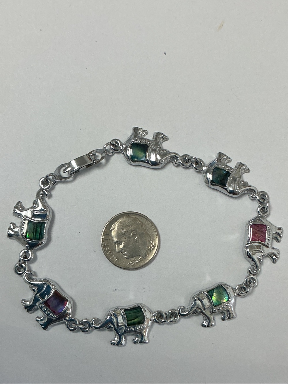 Silvertone Elephant Bracelet with Purple and Green Stones